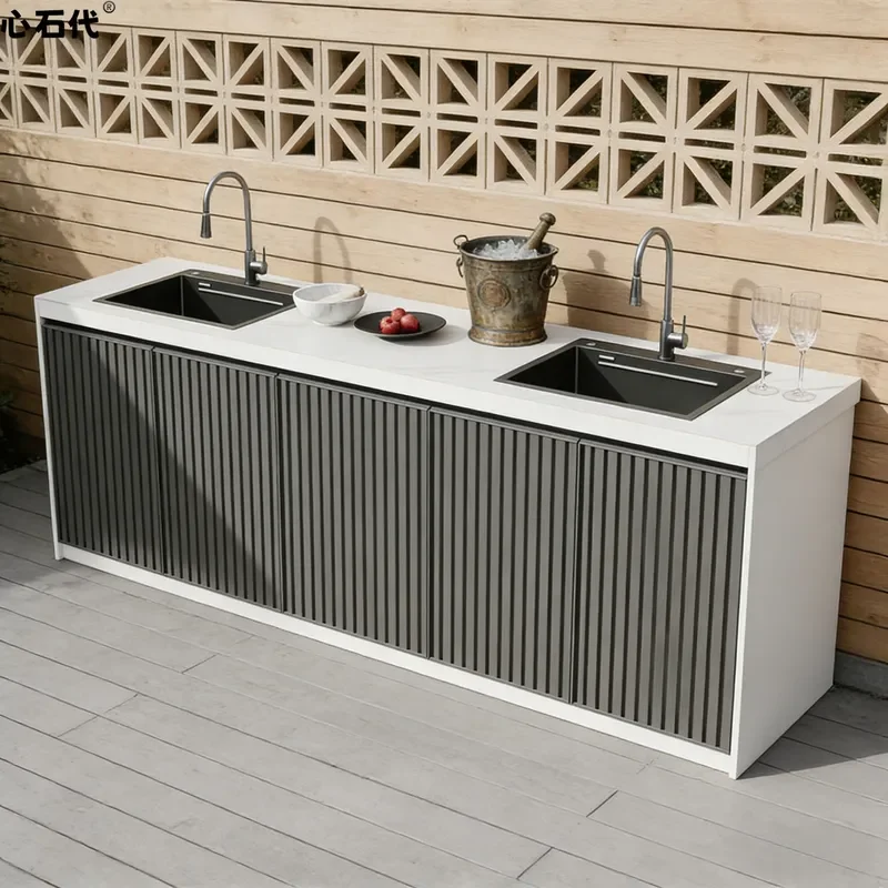 Outdoor Rock Slab Sink Double Basin with Integrated Locker Console for Courtyard Pool Wash Vegetable Washing Station