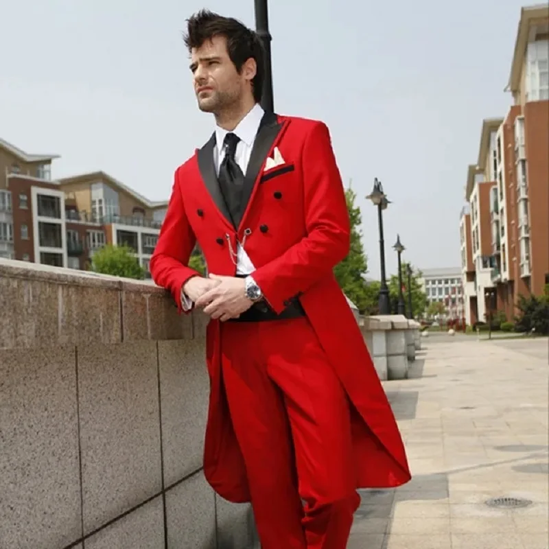 Red Swallow Tailed Men Suit New Style Fashion Blazer Latest Coat Pant Design Slim Fit Terno Masculino Good Quality Men Suits
