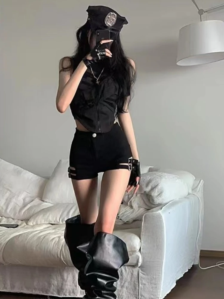 QWEEK 2024 Y2k Sexy Bandage Coquette Denim Shorts Women 2024 Spring Summer Fahsion Streetwear Black High Waist Jeans