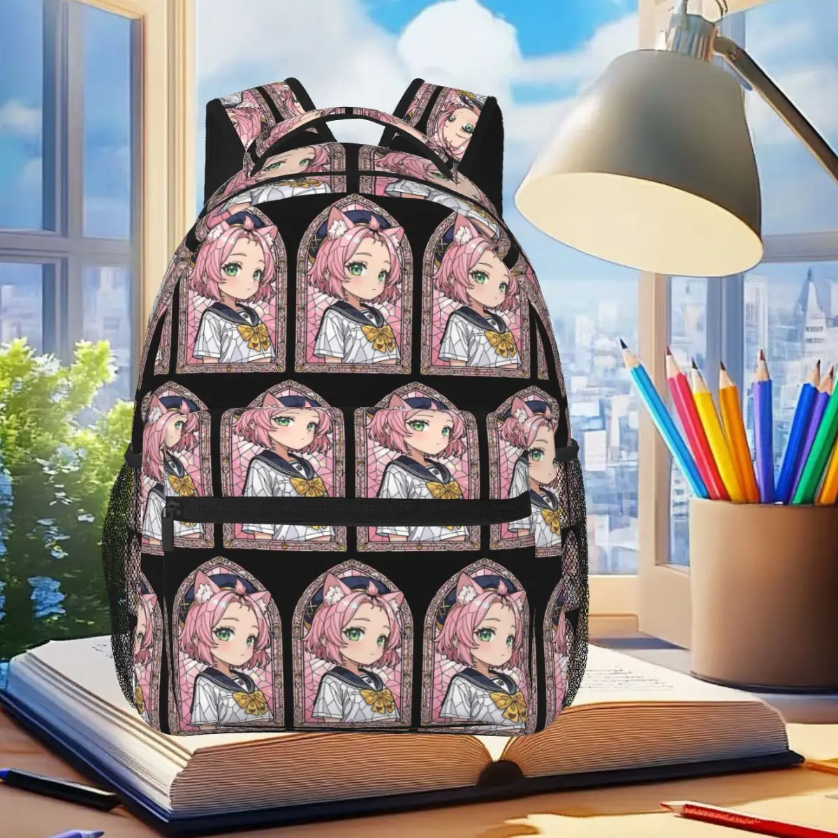 Diona Genshin Cat Girl Stained Glass Portrait Backpack Student Boys Girls BookBag Children School Bag Shoulder Bag for Men Women