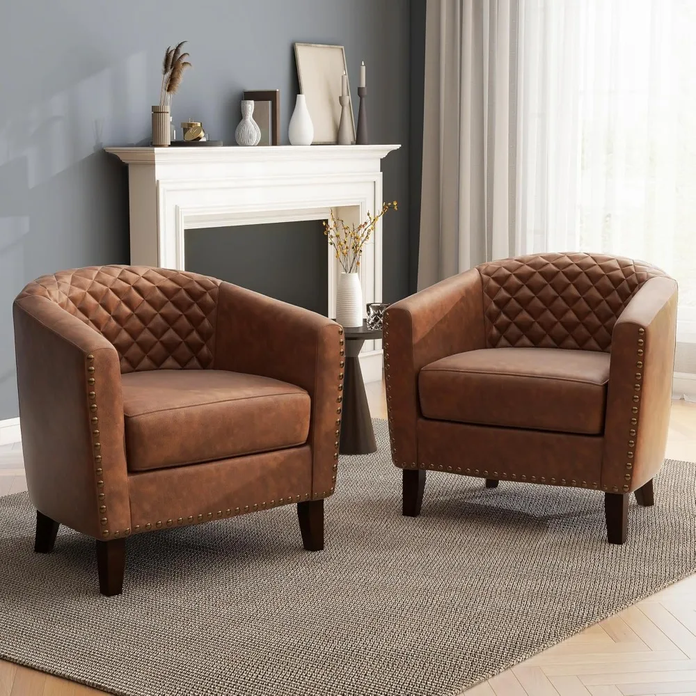 

Faux Leather Accent Chairs Set of 2, Barrel Club Chair Modern Upholstered Armchair for Living Room, Comfy Nailed Trim Arm Chair