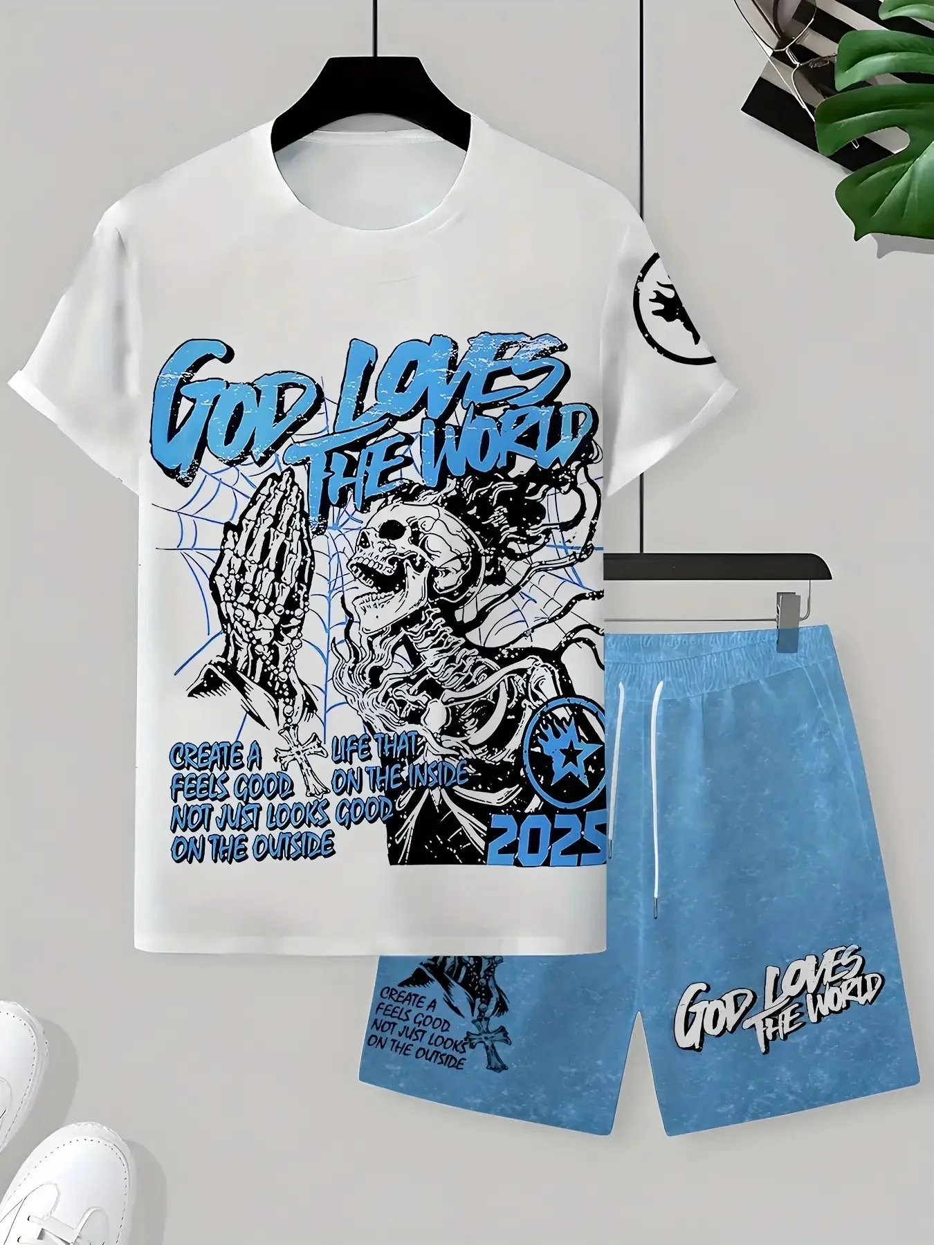 2025 صيف جديد للرجال قصيرة الأكمام والسراويل القصيرة تنفس عادية التزلج على الجليد ثلاثية الأبعاد مطبوعة الهيب هوب ملابس رجالية