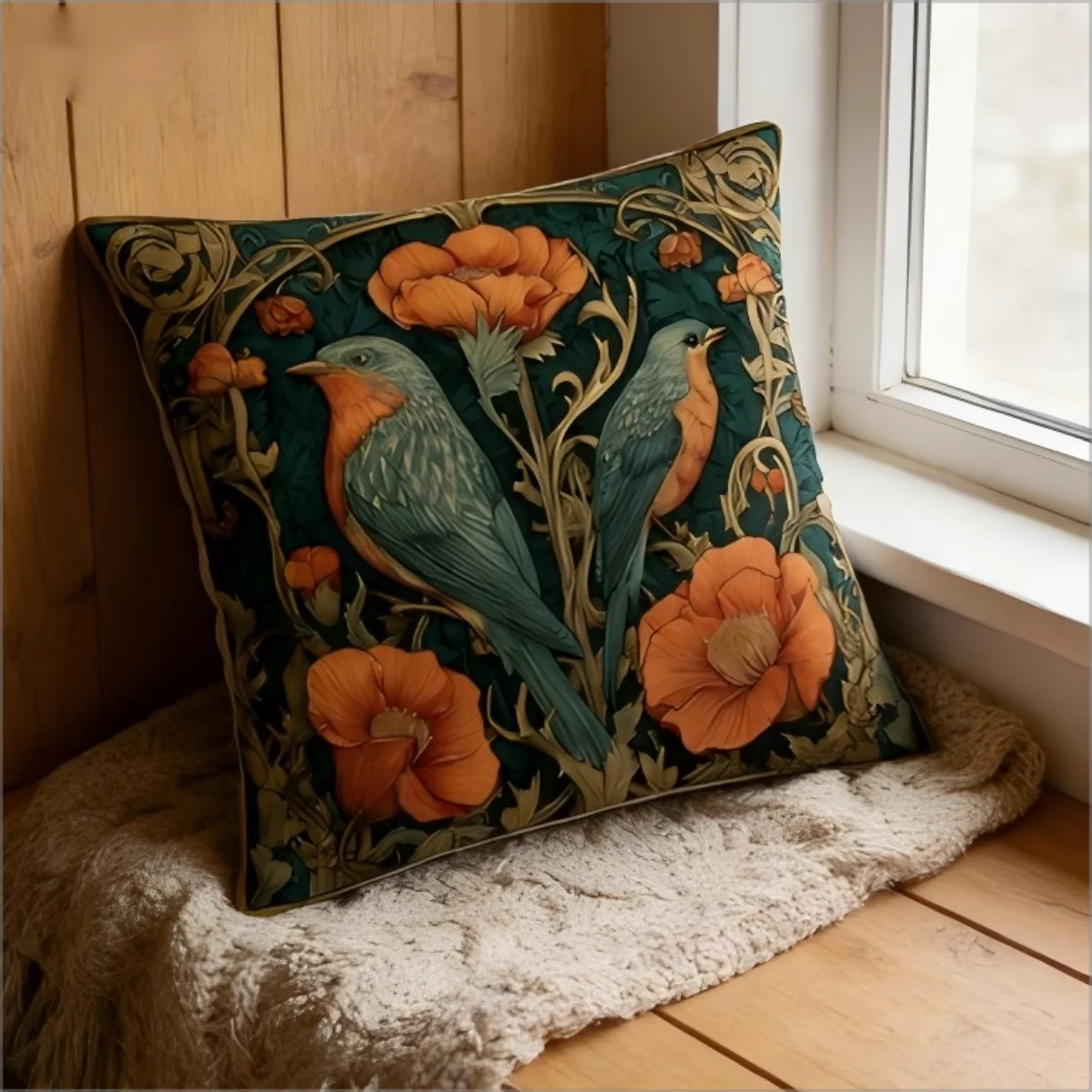 William Morris Inspired Robin Bird Pillow Cover Vintage Art Nouveau Floral Print Cushion Case for Sofa Couch Boho Home Decor