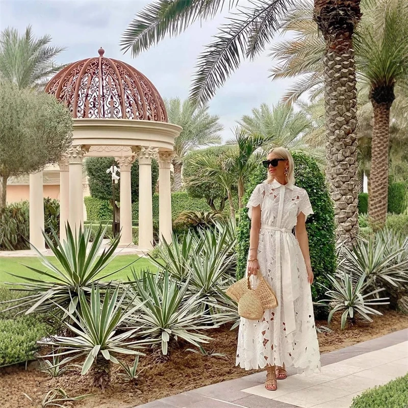 

Summer Vacation Beach Dress Sexy Flower Crochet Hollow Solid Midi Dresses Women White Short Sleeve Lapel Lace Up Party Dresses