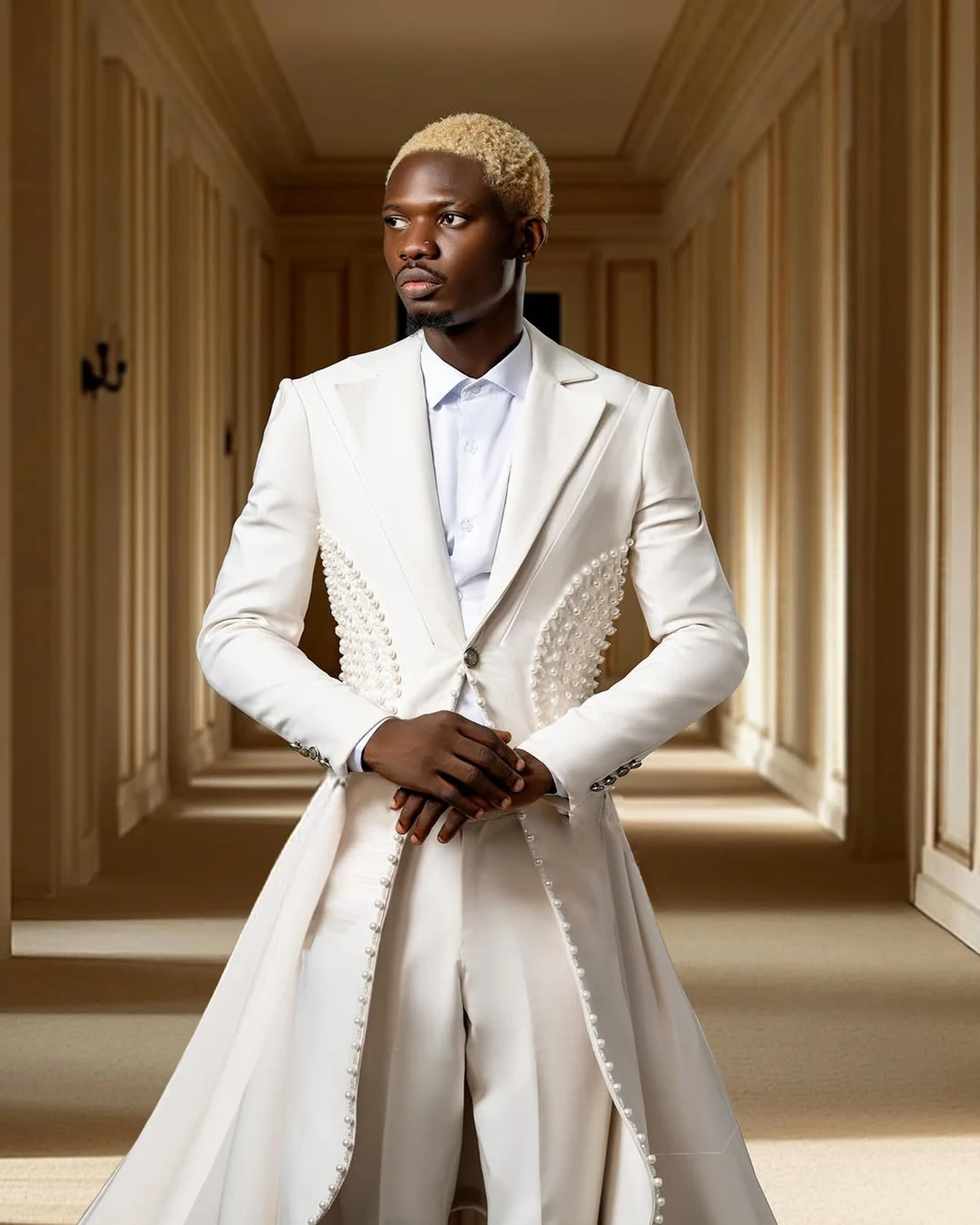 ปรับแต่ง 2 ชิ้นชายชุดแต่งงาน Blazer กางเกงปกติ Fit Notch Lapel หนึ่งปุ่มประดับด้วยลูกปัด Penal Brilliant ชุดสํานักงานธุรกิจ