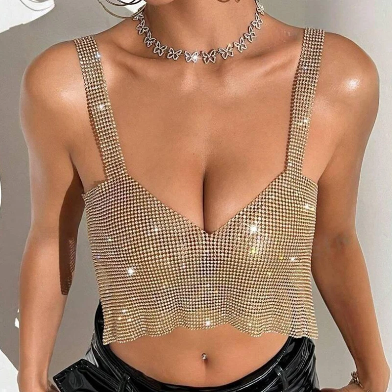 

Y2k Hot Girl New European and American Clothing Metal Mesh Full of Diamonds Suspender Top Sexy Hot Girl V-neck Suspender Top