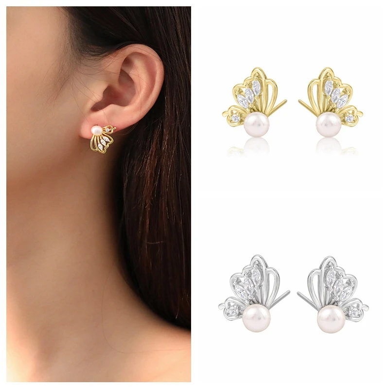 

925 Sterling Silver Needle Pearl Butterfly Stud Earrings for Women Exquisite Insect Gold Earrings Fashion Wedding Party Jewelry