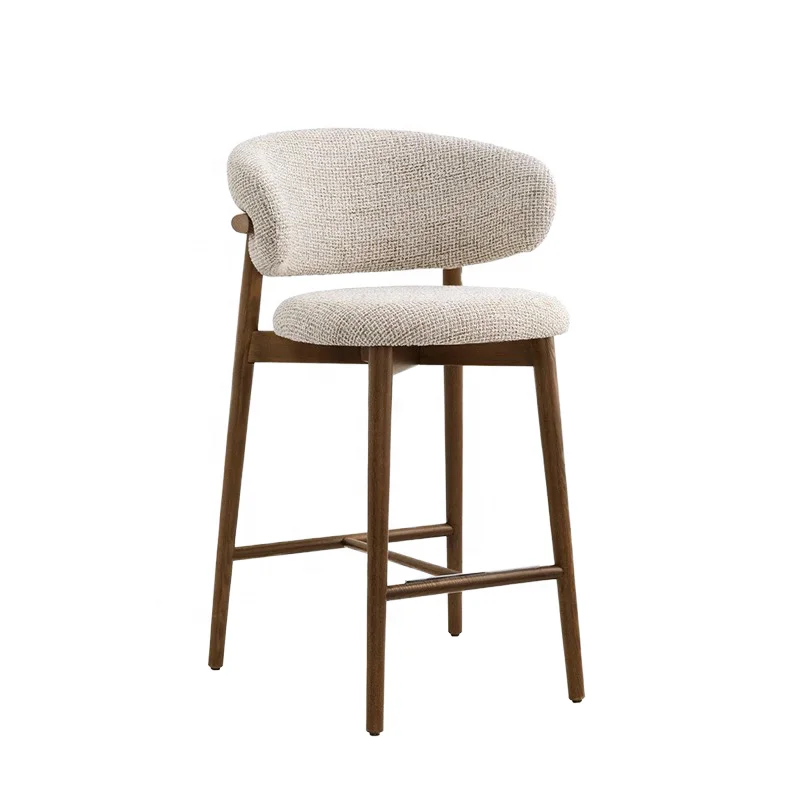 Nordic Bar Furniture Modern Solid Wood Frame High Bar Stool Withe Linen Fabric Bar Stools Chair with Curved Backrest for Kitchen