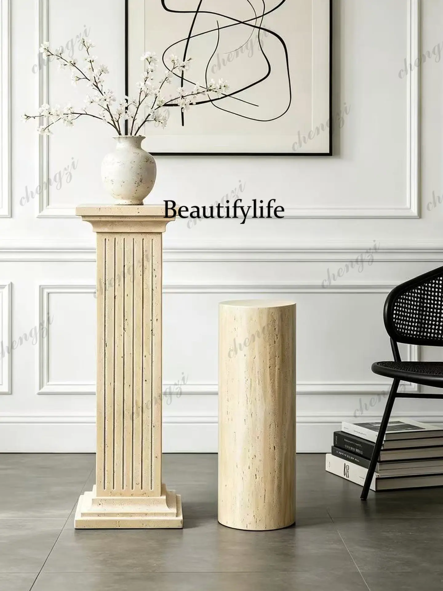 Medieval wabi-sabi wind imitation travertine cylinder display table living room entrance floor Roman column display table