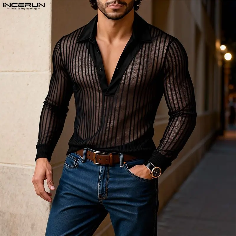 Men's Striped Mesh See-Through Party Shirt