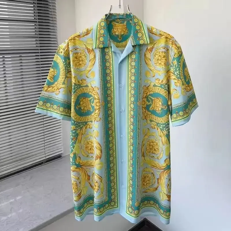 Hot Sale For 2026 Premium Lightweight Men's Short Sleeved Shirt Baroque Collar Print Luxury Court Style Vacation Leisure