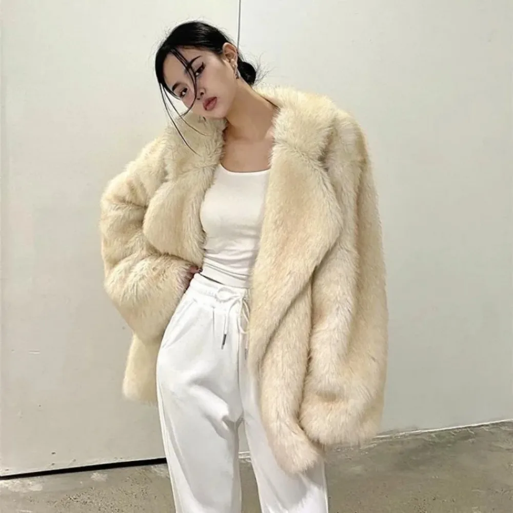 Luxury Brand Fashion Streetwear Faux Fur Coat Jacket Women 2024 Winter Loose Oversized Long Fluffy Overcoat Outerwear