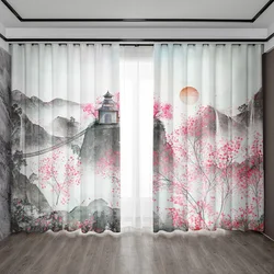 2PC Home Decoration Curtains, Sunset Flowers With Pole Bag Curtains, Kitchen, Coffee Shop, Living Room, Balcony, Garden