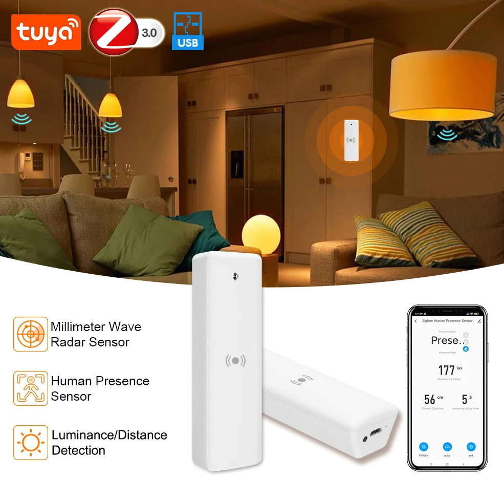 Zigbee Mmwave Human Presence Sensor Tuya Smart Presence Detector 5V Motion Sensor With Luminance/Distance Detection