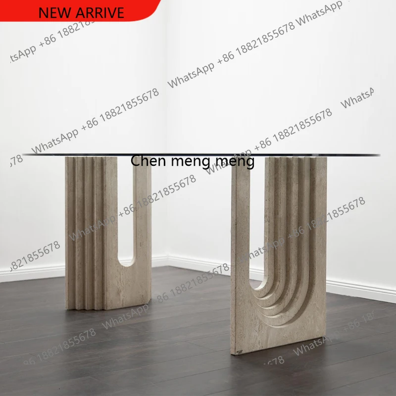 

D178 Natural travertine dining table round marble dining table household stone luxury stone retro round table