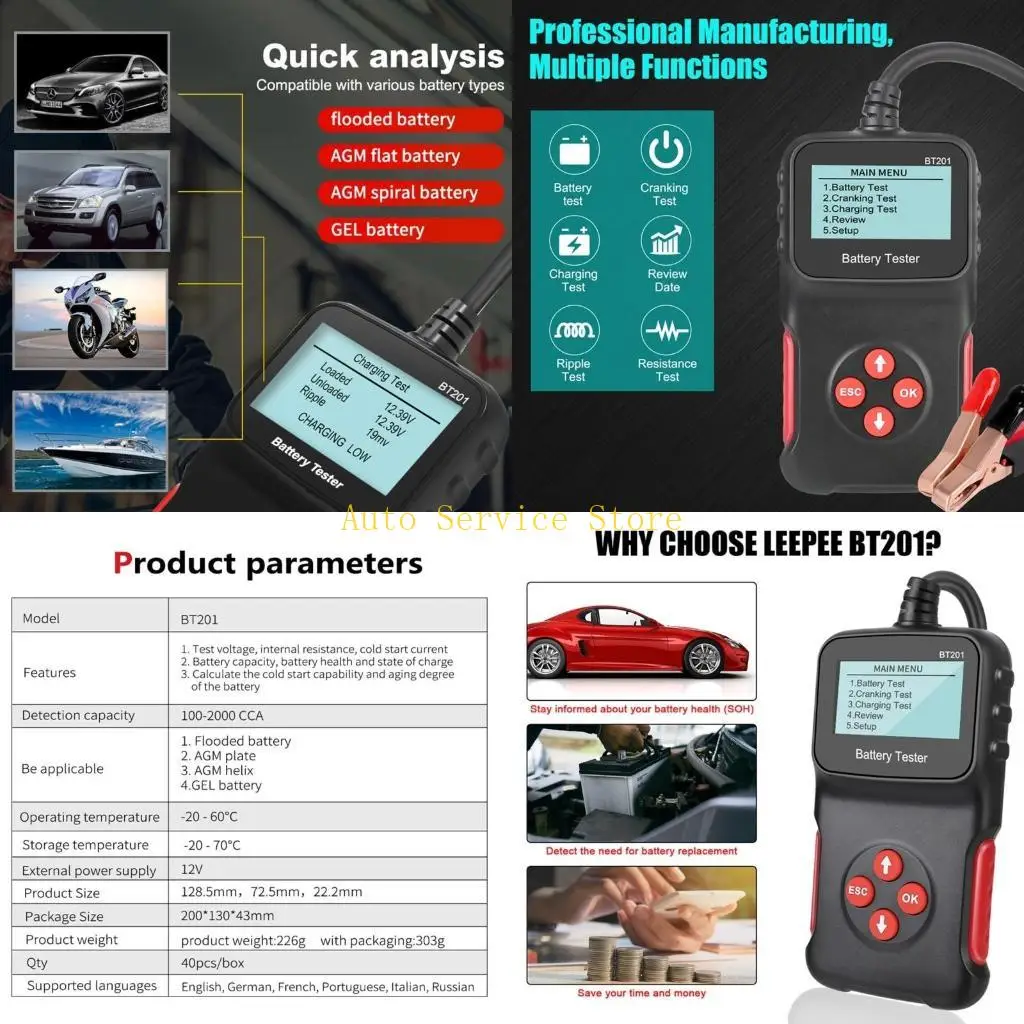 462A Battery Tester Tool BT201 100-2000CCA for Automotive Motorcycles Truck Trailer Diagnostic Tool Tester Batteries