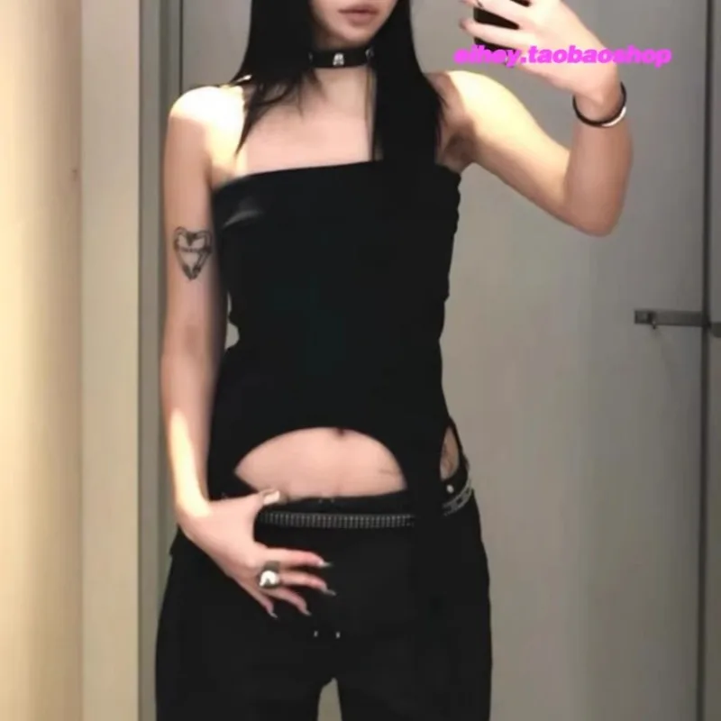 Korean Retro Solid Color All Match Camisole Women 2025 Summer New Off-shoulder Sexy Slim Irregular Crop Tops