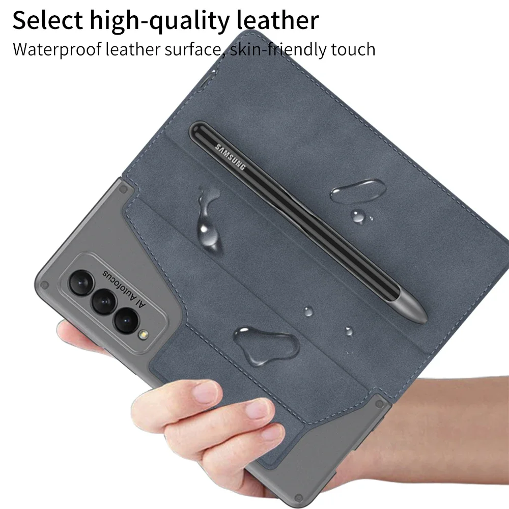 Original Case For Samsung Galaxy Z Fold 3 Frosted Leather Card Package Pen Holder Shockproof Cover For Galaxy Z Fold 4 Case