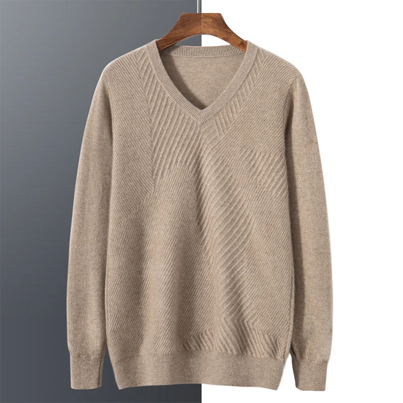 MVLYFLRT Men's Luxury 100% Pure Goat Cashmere V-Neck Knitted Pullover Sweater Warm Soft Versatile Autumn Winter Clothing Tops