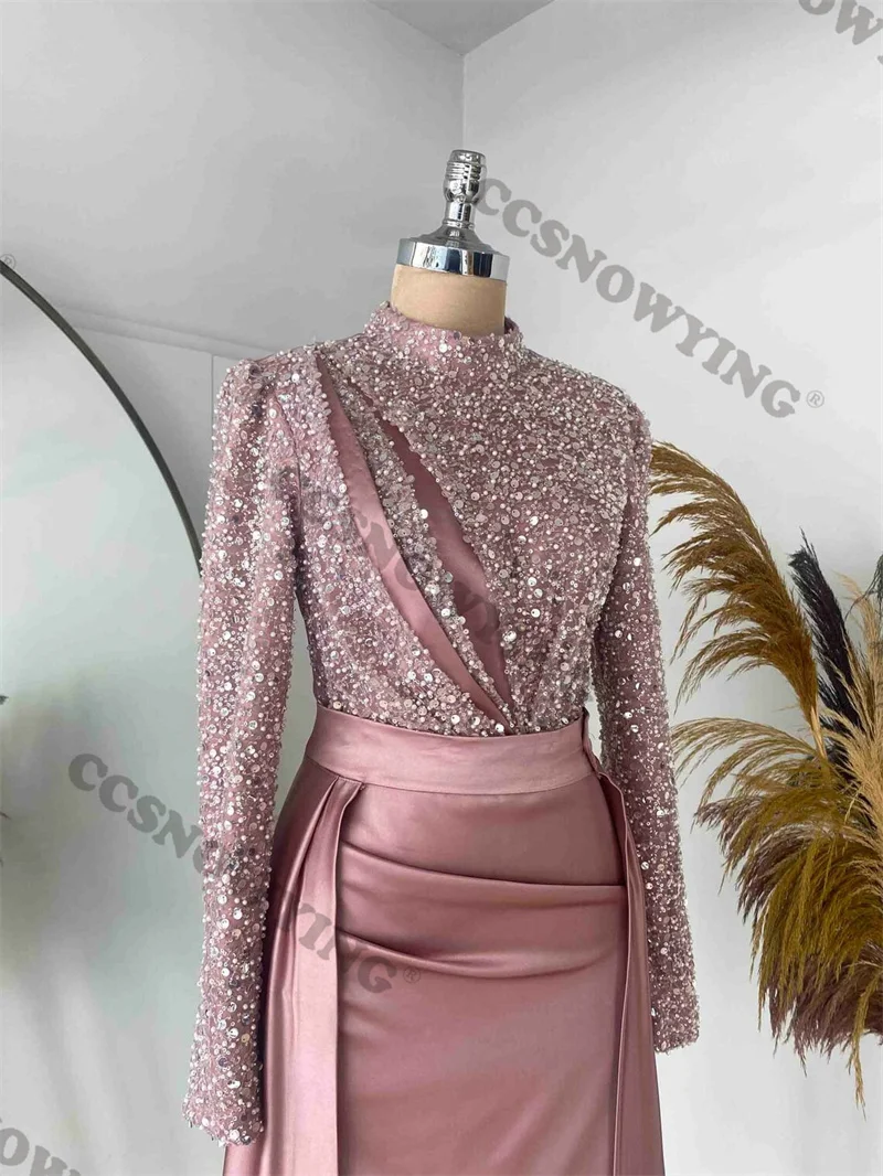 Satin Sequin Long Sleeve Muslim Evening Dresses Hijab High Neck Islamic Formal Party Gown Women Arabic Dubai Robe De Soiree