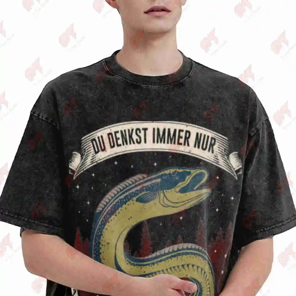 German Eel Fishing Vintage Washed Tee Pure Cotton T-Shirt