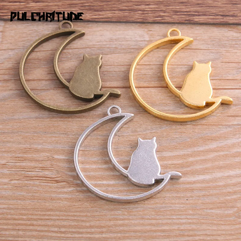 2pcs 35*41mm Three Color Alloy Jewelry Accessories Moon Cat Charm Hollow Glue Blank Pendant Tray Bezel