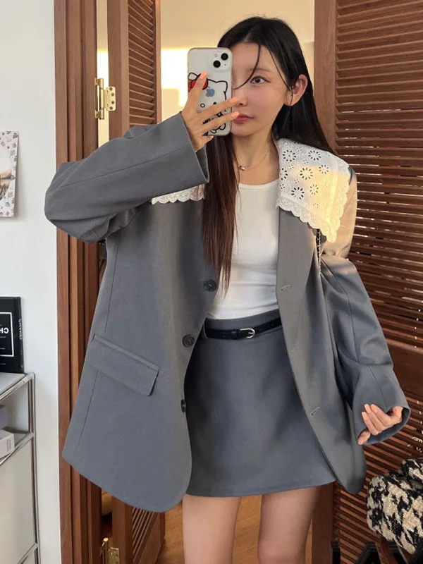 

Dongda Gate High-End Detachable Lace Trimmed Large Collar Suit Jaet Women's Midi Skirt Pants Set Faionable Spring Outfit