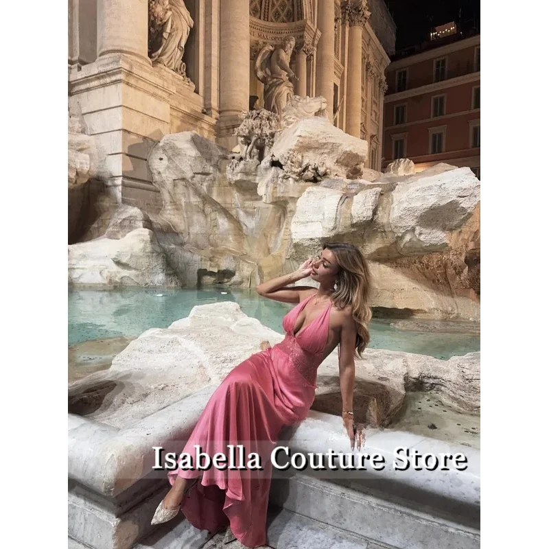 Różowa Satynowa Sukienka Wieczorowa typu Halter Syrenka Seksowna Bez Pleców Sukienka na Formalne Okazje Damska Nowoczesna Sukienka na Bal Studniówkowy z Możliwością Personalizacji