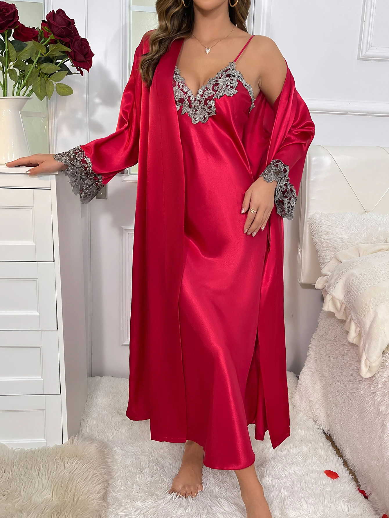 2cs Contrast Lace  Long Sleeve Belted Robe V Neck Slip Dress Sexy Elegant Women Pajamas  Sets