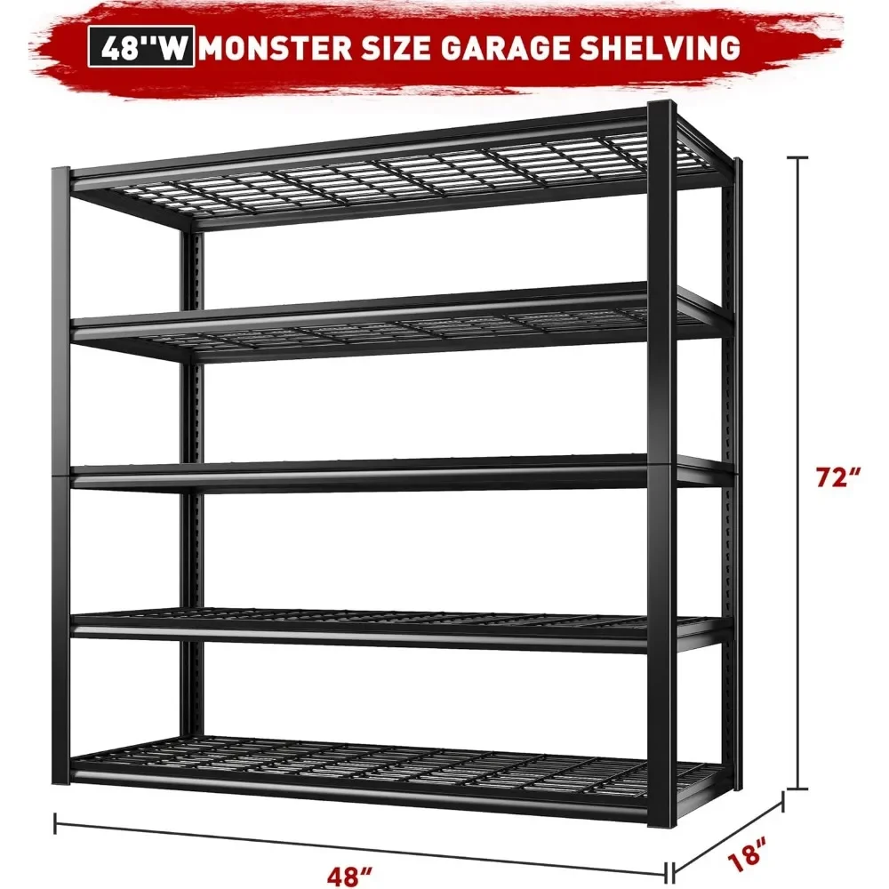 2500LBS Garage Shelving 48''W X 72''H X18''D Garage Storage Shelves Heavy Duty Shelving 5 Tier Adjustable Garage Shelves