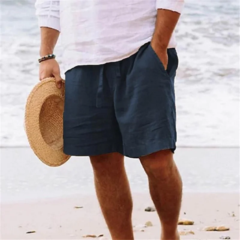 Men\'s Summer Cotton Linen Shorts Drawstring Elastic Waist Straight Leg Solid Color Breathable Beach Five-Point Bermuda Shorts