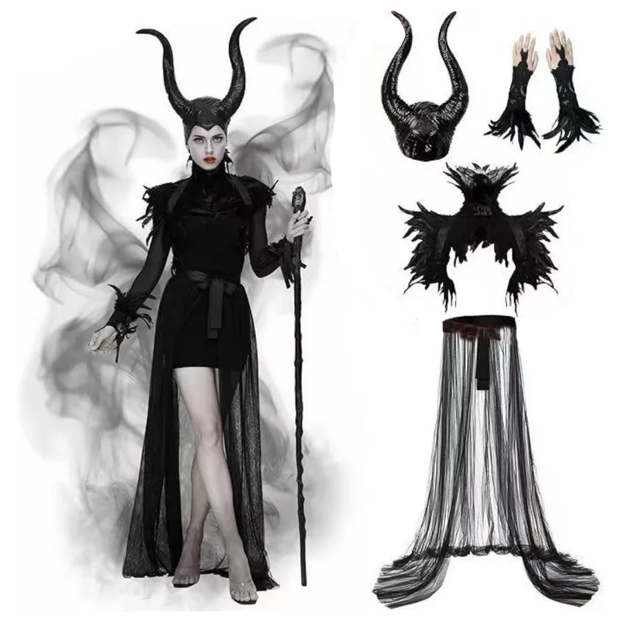 Damen Maleficent Halloween Cosplay Kostüm-Set Horn-Kopfschmuck Feder-Handschuhe Langer Netzumhang Böse Königin Party-Verkleidung