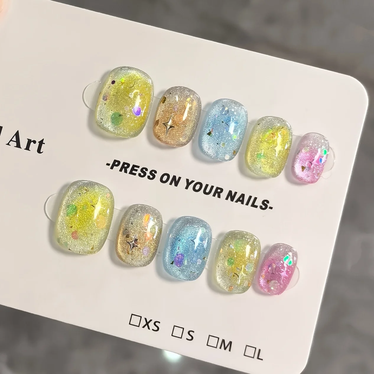 10pcs Handmade Press on Nails New Candy Summer Colorful Flashing Cat's False Nail for Women&Girls Detachable Wearable Nails