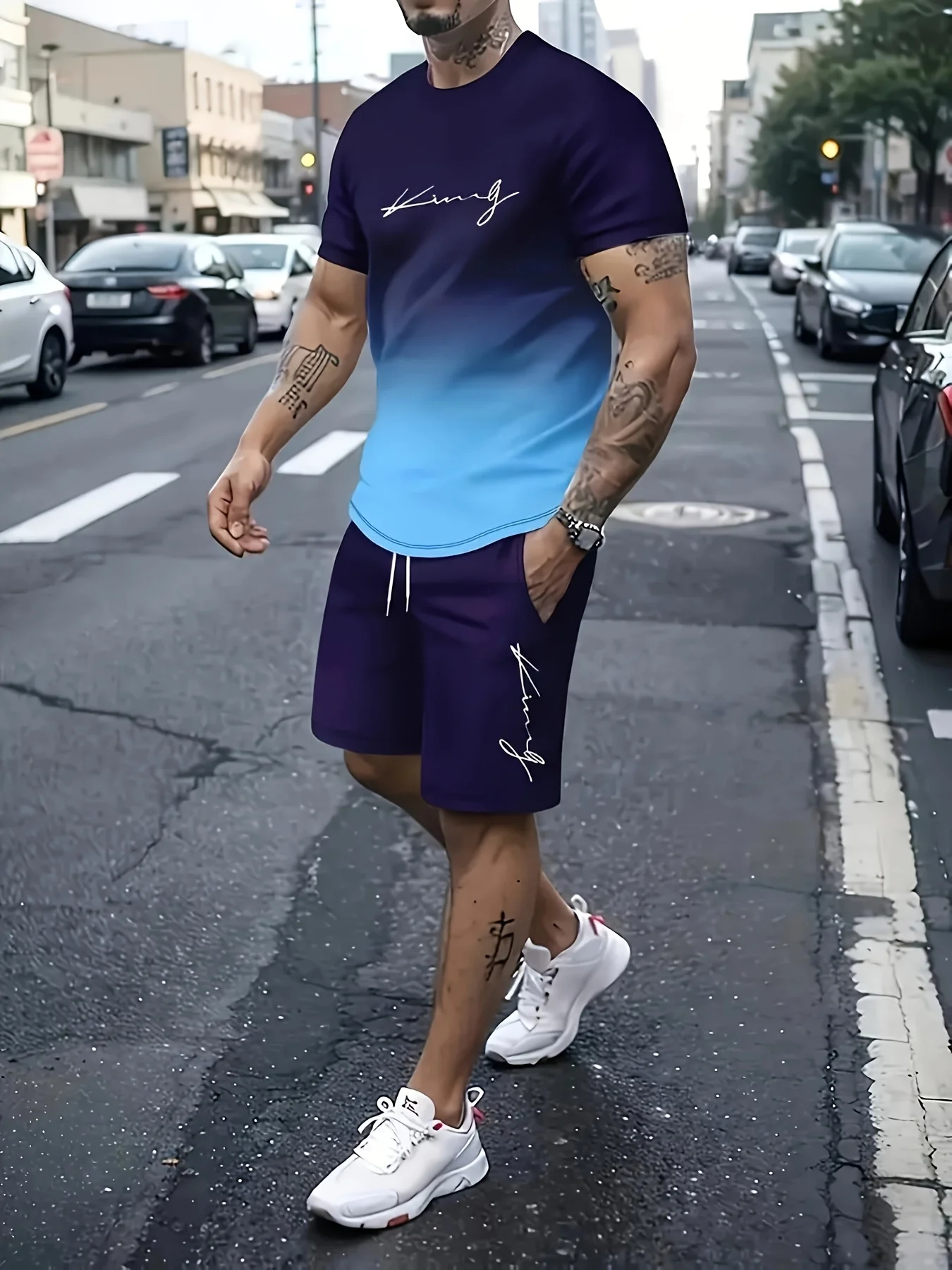 Round Neck Casual and Comfortable T-shirt Round Neck T-shirt and Shorts Polyester Men's Casual Sports Suit 3D Printed T-shirt