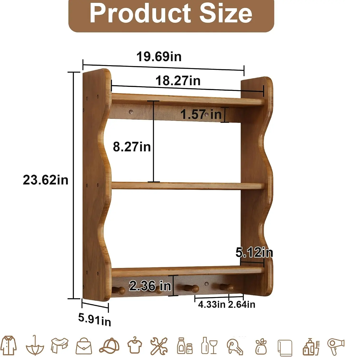 3 Tier Wooden Floating Wall Shelves with Hooks, Rustic Farmhouse Wall Mounted Storage Shelf, Decorative Curved Side Wall Organizer Display Rack for Bedroom, Bathroom, Living Room, Kitchen, Brown