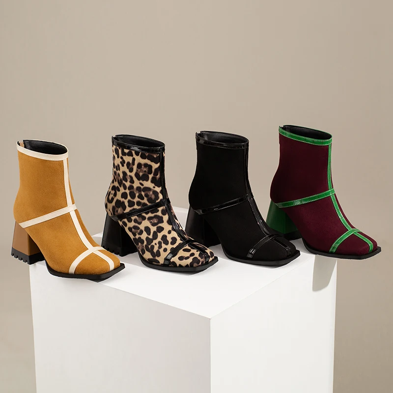 2024 new autumn winter women ankle boots plus size 22-28cm Microfiber upper mixed colors square toe back zip modern boots image 5