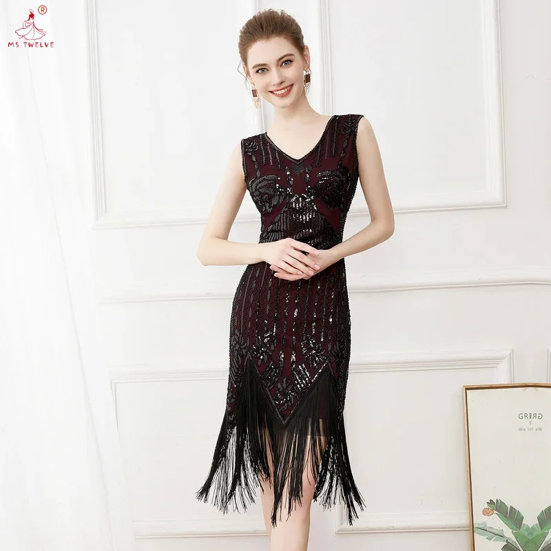 2025 Women’s High-Waist Slim Sequin Fringe , Sexy V-Neck Birthday Party, Cocktail Prom Midi Dress with Tassel Hem, Elegant