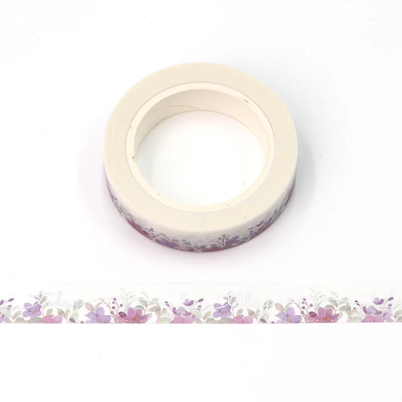 NEW 1PC. 10M Decor Silver Foil Purple Floral Today Valentine Adhesive Masking Washi Tapes Scrapbooking Journal Cute Stationery