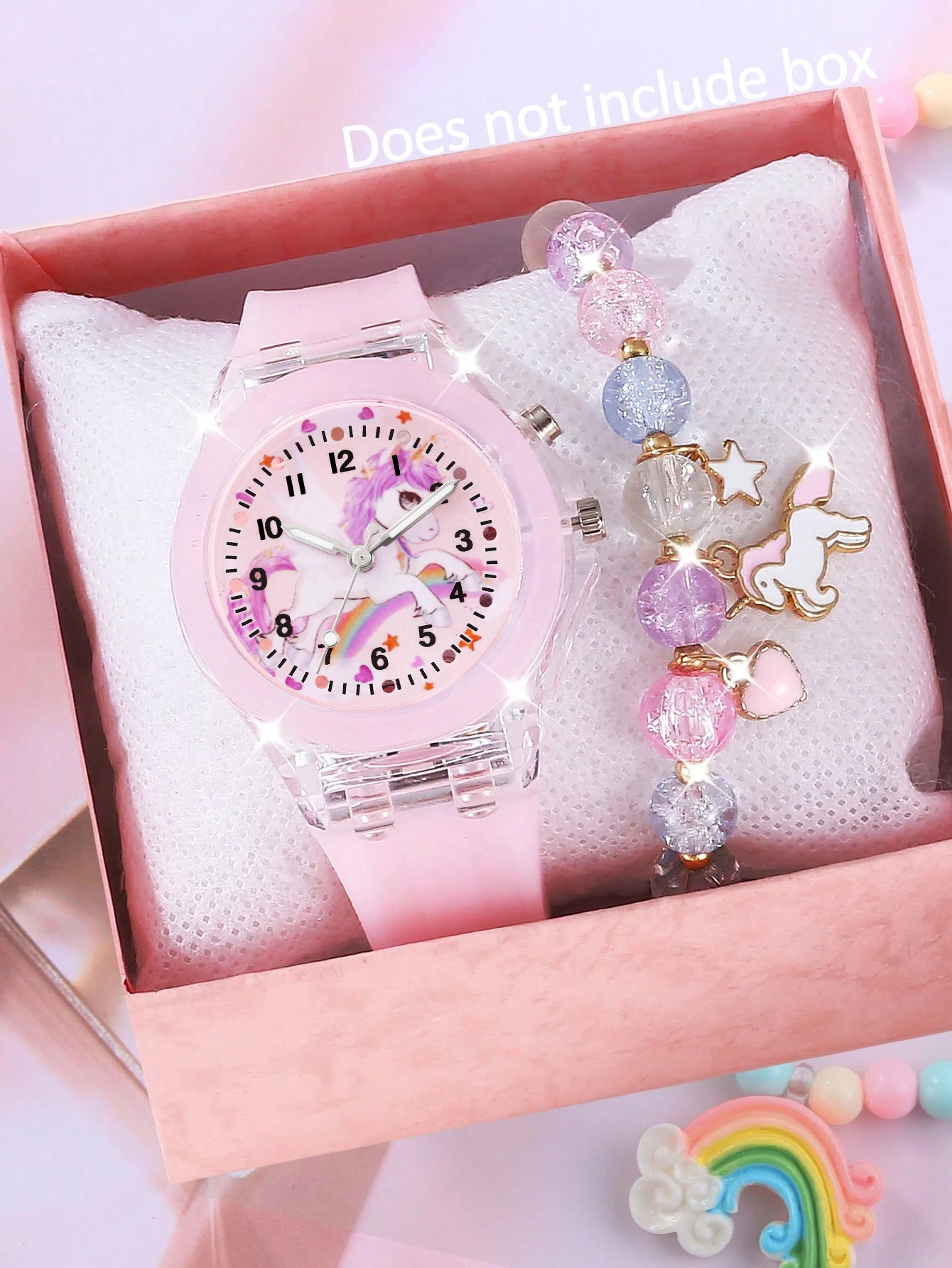 Fashionable Silicone Glow Watch And Beaded Bracelet Set with Unicorn Design for Daily And Birthday Gifts (No Box Included)