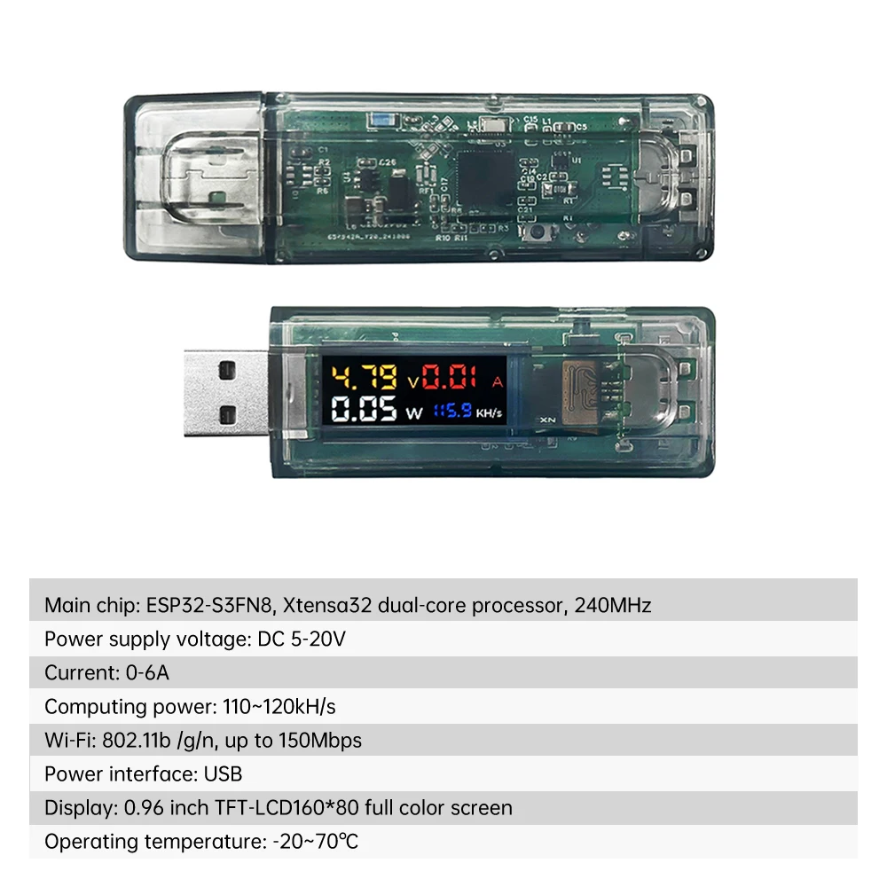 Medidor de energia amperímetro de tensão de exibição de 0,96 polegadas ESP32-S3FN8 placa de desenvolvimento NM-USBChain + potência de computação DC 5-20V 6A