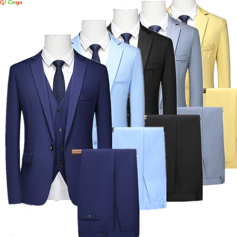 Luxury 3 Piece Classic Men\'s, Fashion Slim Fit Solid Business Casual Suit Suit Asian Size Men Wedding Sets (Blazer+Pants+Vest)