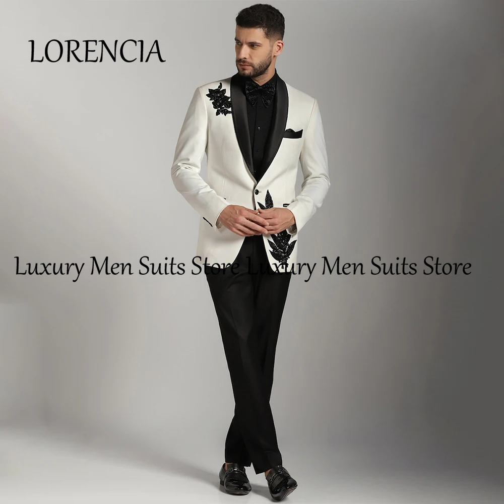Formal 3 Pieces Men Suits Beading Applique Wedding Groom Tuxedos Customized Shawl Collar Male Party Blazer Pants costumes homme