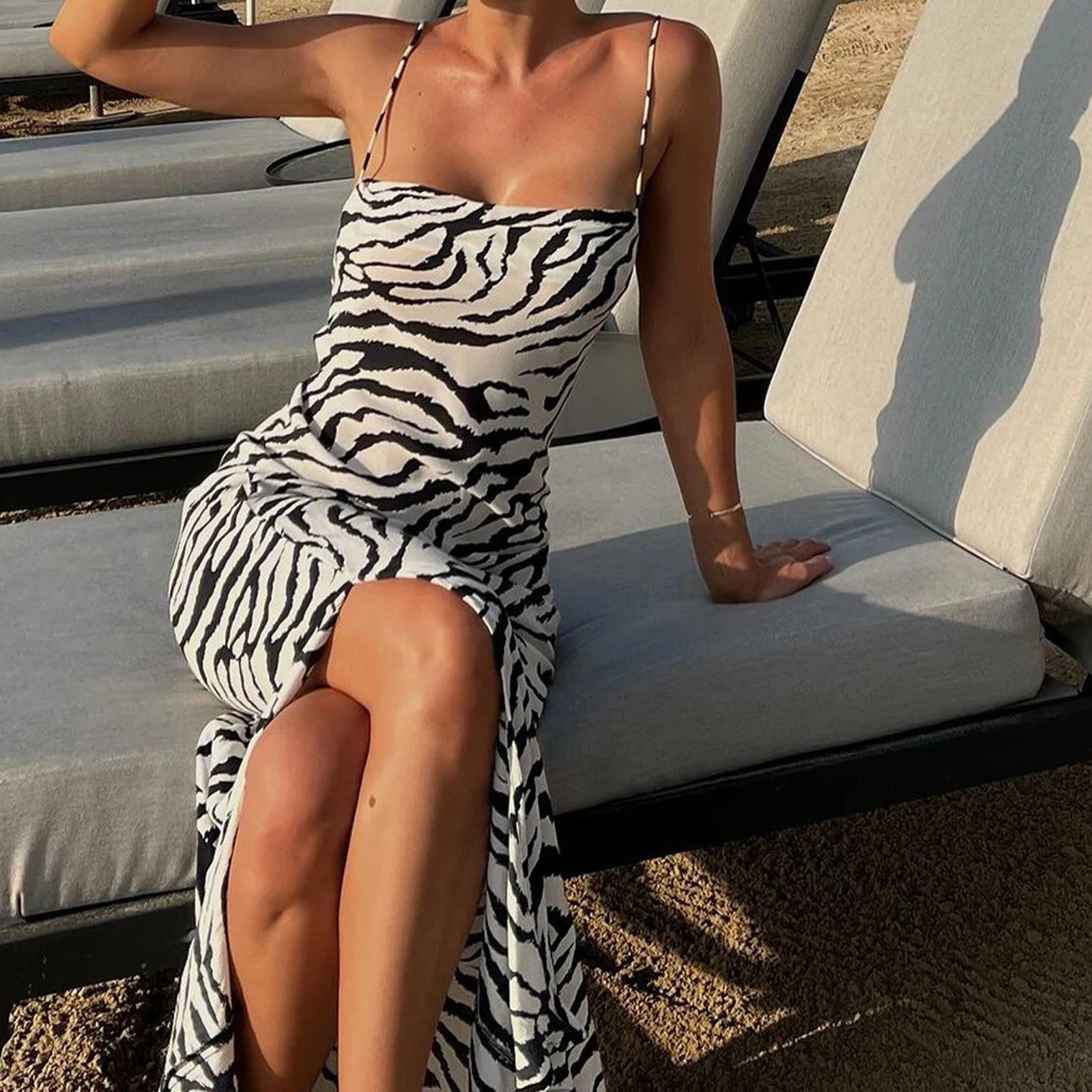 جديد أزياء المرأة زيبرا طباعة كامي اللباس أكمام التعادل عارية الذراعين Bodycon فستان طويل الصيف فستان الشاطئ S M L