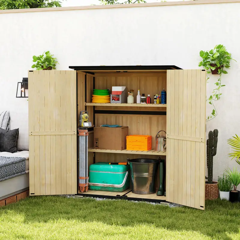 

Outsunny Wood Storage Shed, Outdoor Garden Shed with Asphalt Roof, 2 Shelves, Lockable Doors and Adjustable Feet, Natural