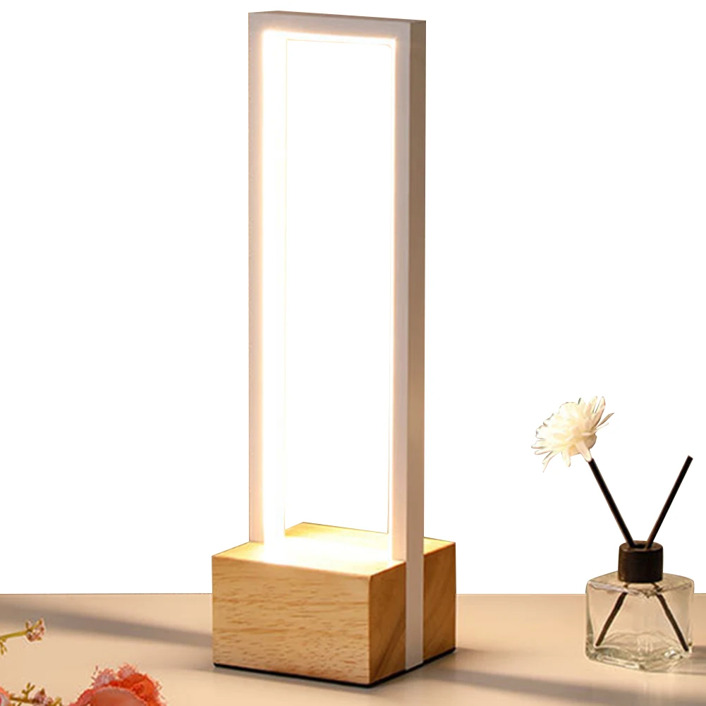 LED Table Lamp USB Nightstand Lamp 3 Color Temp Geometric Nightstand Lamp Stepless Dimmable Desk Light Wooden Base for Bedroom