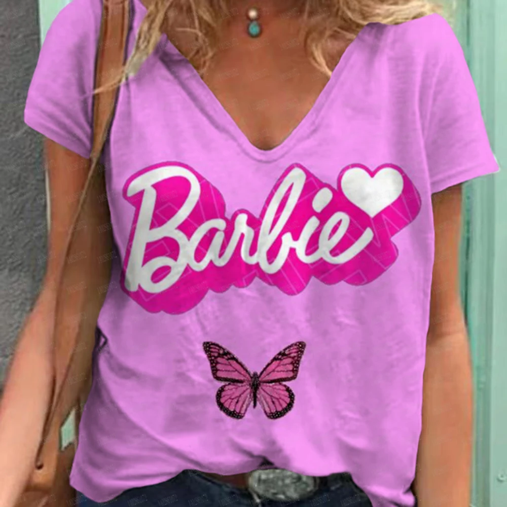 Camiseta Kawaii con estampado de princesa Barbie para mujer, camiseta 3D, Top de moda Y2k, camiseta de manga corta, cuello en V, ropa para mujer,