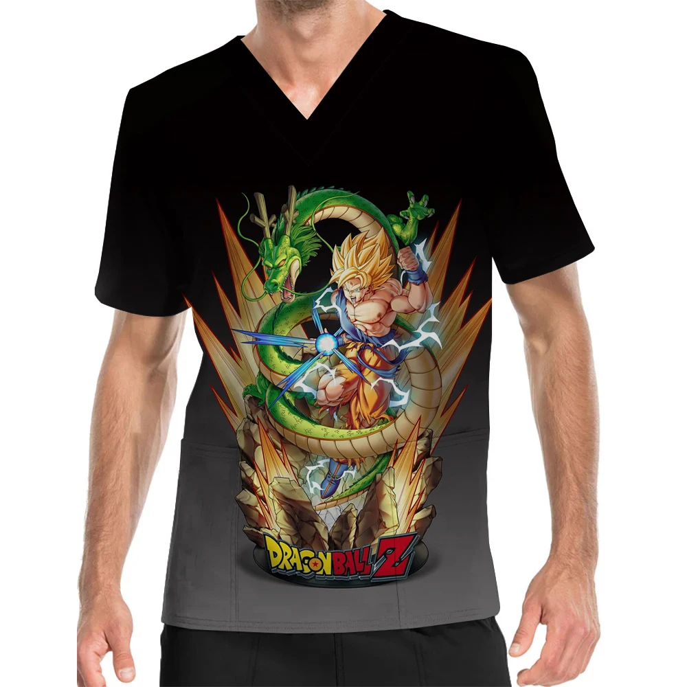 V-Neck Print Scrub Top Pet Shop Nursing Home Caregiver Summer Work Clothes Dragon Ball Vegeta Print Men's Nursing Clothes