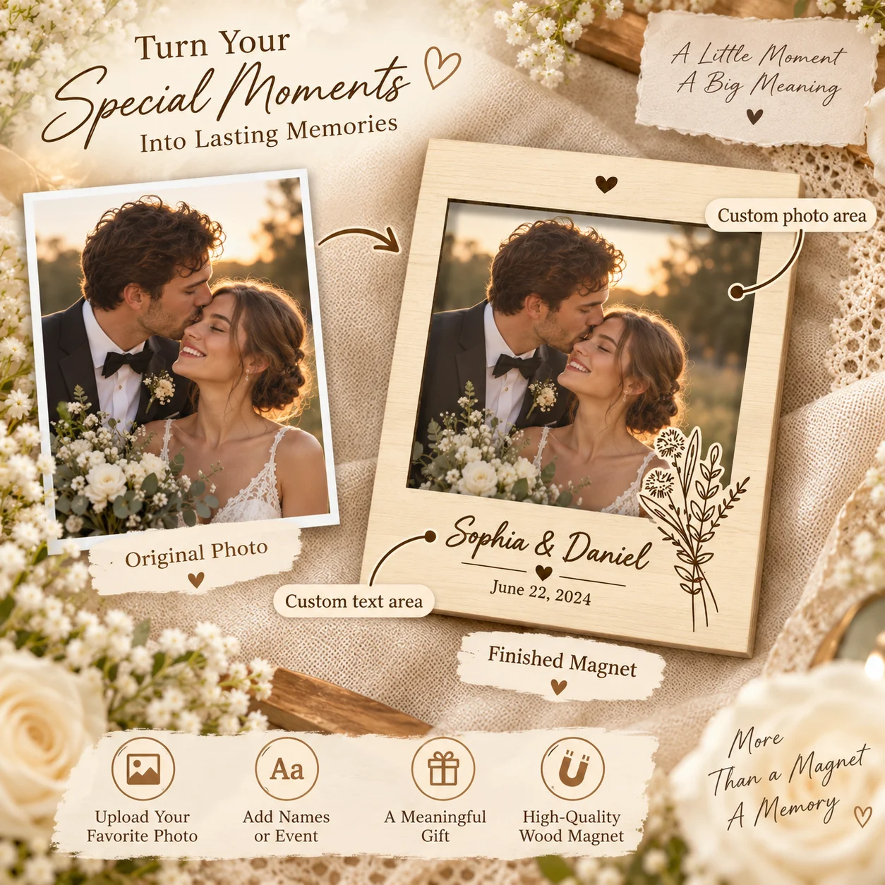Custom Wooden Photo Magnet Polaroid Frame Laser Engraved Personalized Gift for Couple Family Friends Keepsake Fridge Decor