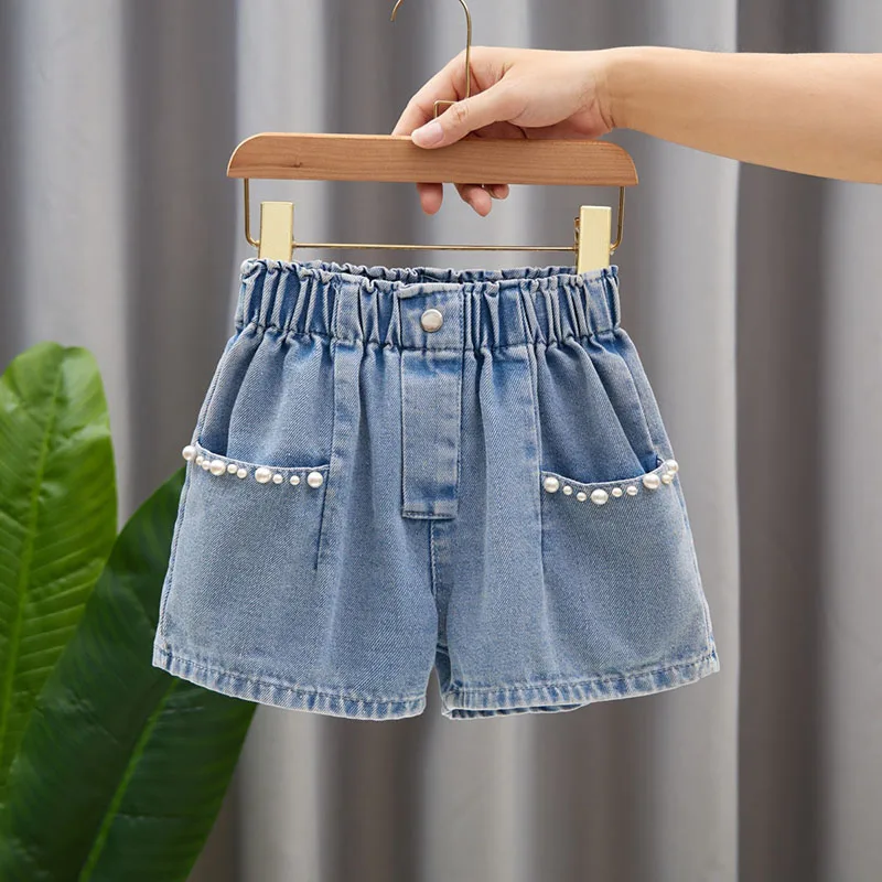 Summer Girls Shorts 3-12T Sweet Bead Decoration Kids Half Pants Loose Children Denim Shorts Soft Boys Clothes
