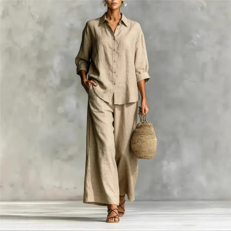 

Foreign Style Flip Collar Single Breasted Cardigan Top+Wide Leg Pants Two Piece Set Woman's Fashion Solid Color Tops Street Suit